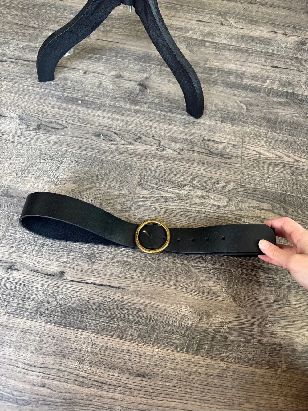Black Leather Wife Belt with Gold Round Buckle - Women Accessories